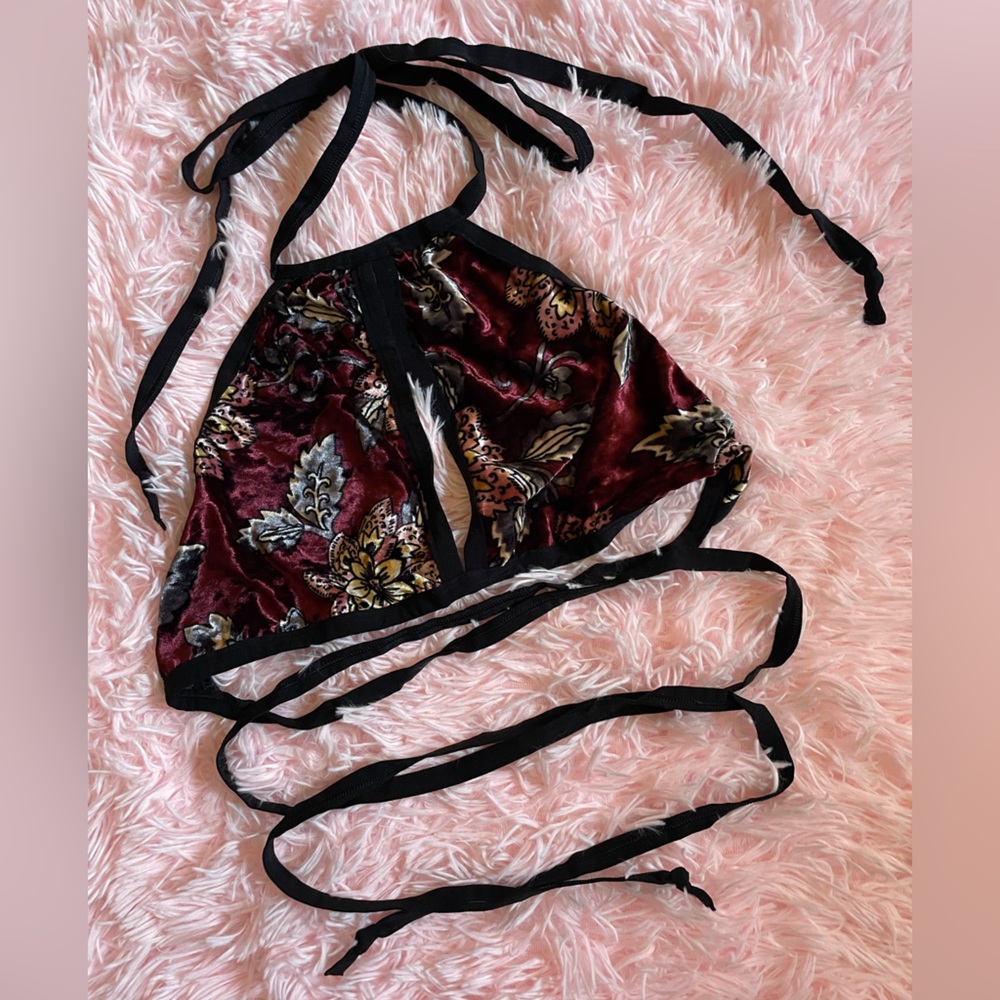 Floral Velvet Halter Bralette in Burgundy and Black | Small